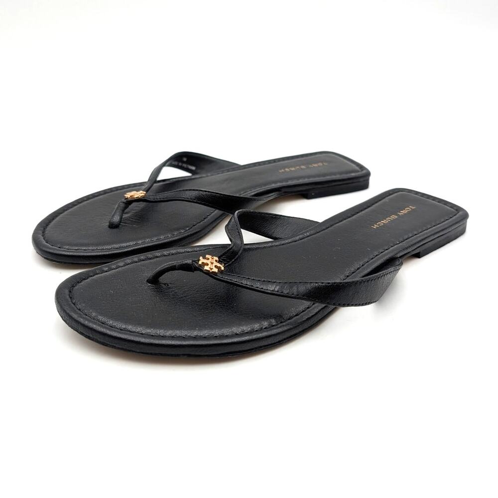 Tory Burch Classic Flip Flop Leather Sandals Women's Black Size US7M EU37